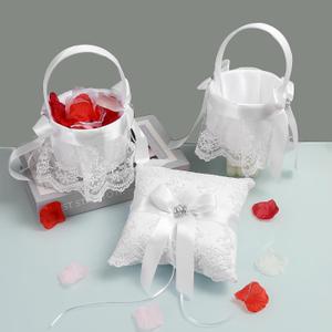 TRUE LOVE GIFT 2 Flower Girl Baskets and Ring Bearer Pillow Set with 500 pcs Silk Rose Petals for Weddings, Set of 4