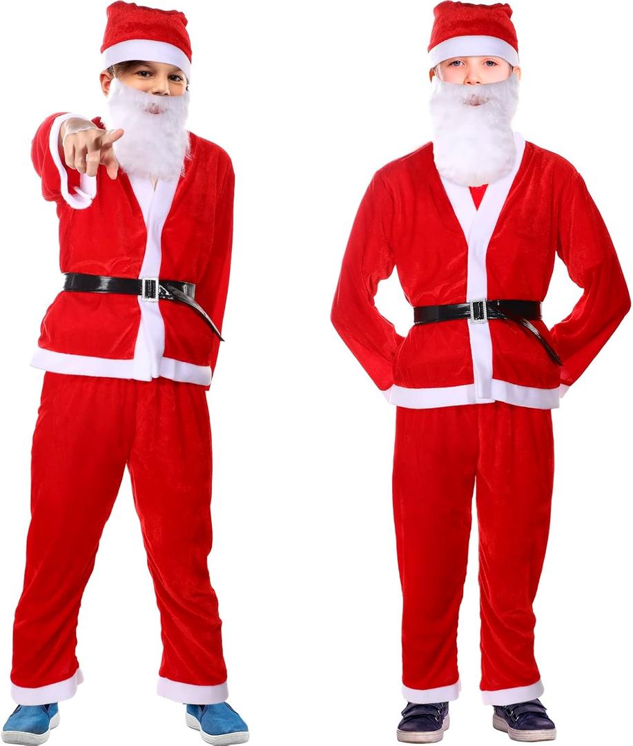 JaGely 2 Set Boys Santa Costume Including Top Suit Costumes, Claus Pant, Black Belt, Beard, Child Hat Christmas Kids Xmas Party for 9-13 Years, Red