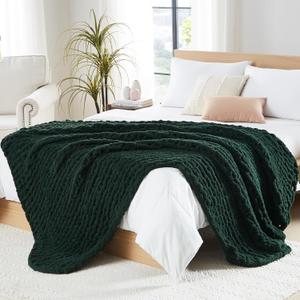 L'AGRATY Chunky Knit Blanket Throw: 50''x60'' Chenille Chunky Knitted Throw Blankets for Bed Couch - Handmade Thick Cable Knit Blanket - Large Crochet Rope Blankets for Home Decor(Olive Green)