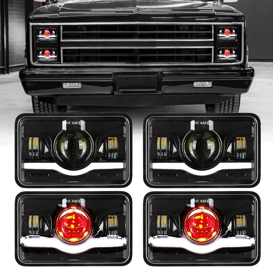 4x6 Headlights LED Dot Approved with Red Devil Eye DRL Compatible with Peterbilt 379 Kenworth T800 Oldsmobile Semi Truck- 4PCS