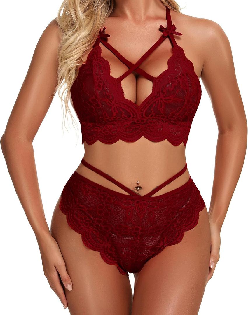 Namifin Women Lingerie Set Lace Bralette and Panty Set Strappy Lace Lingerie (Small, Dark Red)