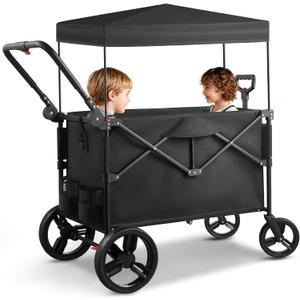 Wagon Stroller for 2 Kids, Baby Wagon Outdoor with Canopy, Collapsible with 5-Point Harnesses, Adjustable Handle & Pull Bar for Infants and Toddlers