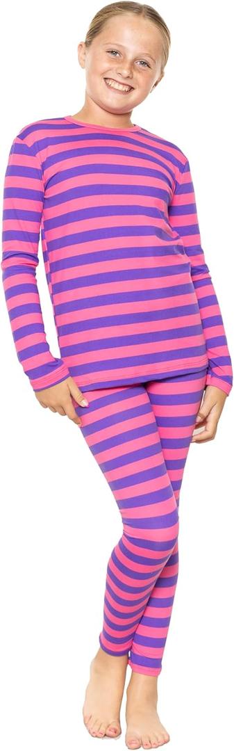 STRETCH IS COMFORT Girls 2 Piece Hoodie Short Sleeve Long Sleeve Crew Neck Top and Leggings Set Kids Thermals Underwear Set (10, Pink Purple Stripes)