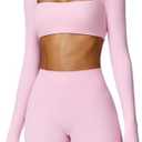 ABOCIW Workout Sets for Women 2 Piece Square Neck Long Sleeve Crop Tops High Waist Biker Shorts Gym Sets Size L