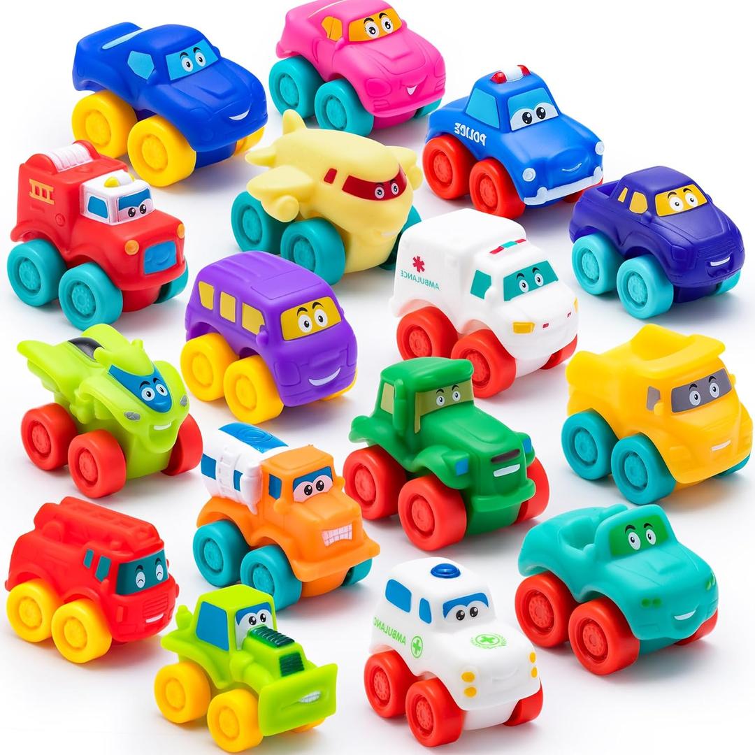 JOYIN Cartoon Cars, Soft Rubber Toy Car Set, Mini Vehicles, Bath Toy Car for Toddlers, Christmas Great Gift for Boys and Girls, Summer Beach and Pool Activity, Party Favors for Kids