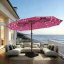15FT Patio Umbrella with Solar Lights, Double-Sided Extra Large Outdoor Table Umbrella with Base Included, Heavy-Duty 12 Iron Ribs Market Umbrella for Garden, Pool, Backyard, Rose Pink