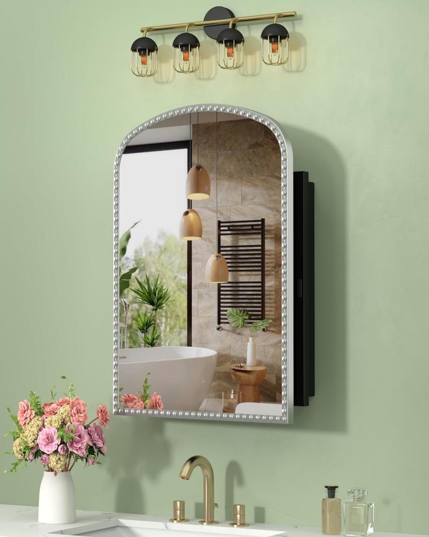 20x28 Inch Daisy Beaded Arched Medicine Cabinet with Mirror, Wall Mounted or Recessed, Bathroom Vanity Mirror with Storage Full-Metal Cabinets, 2 Adjustable Shelves and 1 Organizer Bling Silver