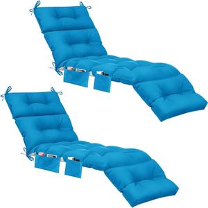 Kigley 2 Pcs Chaise Lounge Cushions with Side Pocket 74.5 x 22 x 4.7 Inches Tufted Patio Recliner Cushions Summer Seasonal Replacement for Indoor Outdoor Patio Sunbathing (Blue)