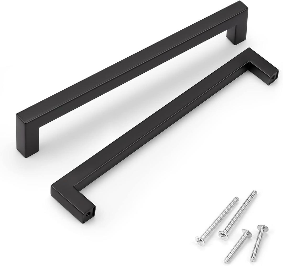 KNOBWELL 12 Pack Black Kitchen Cabinet Door Handles 7-9/16, Modern Cupboard Vanity Dresser Drawer Pulls - Hole Centers 7-9/16", Overall Length 8"