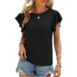 SHEWIN Womens Summer Tops Casual Crewneck Ruffle Short Sleeve T Shirts Hollow out Tunic Top Loose Fit (Black, S)