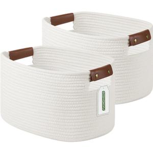 Cotton Rope Basket, Storage Baskets with Handle, 15x10x9 Inch Woven Basket for Shelves, Laundry, Towels, Clothes, Books (White 2Pack)