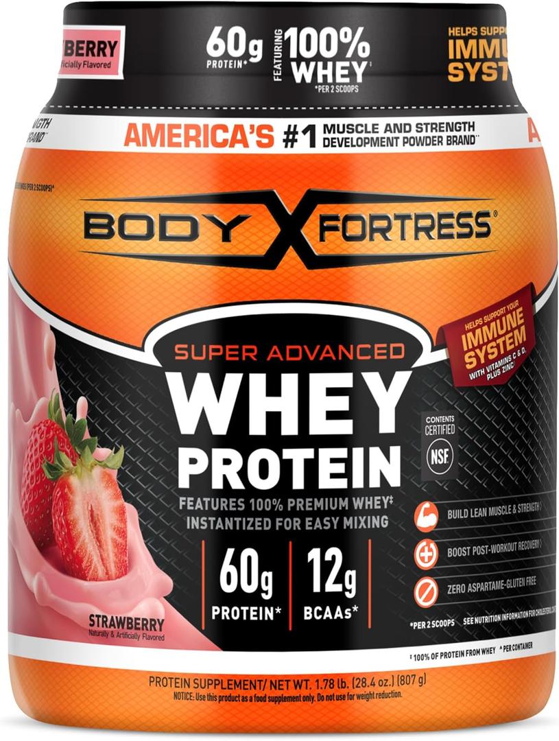Body Fortress Super Advanced Whey Protein Powder, Strawberry, Immune Support (1), Vitamins C & D Plus Zinc, 1.78 lbs BBD: 09/07/2028