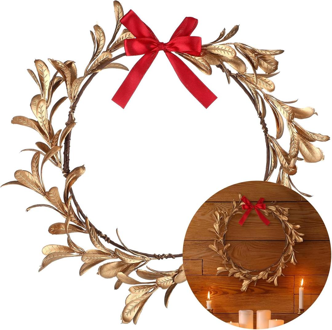 12 Inch Gold Christmas Wreaths with Red Bow for Front Door Plastic Golden Leaves Xmas Artificial Wreath Christmas Decorations for Windows Fireplaces Walls Porch Indoor and Outdoor