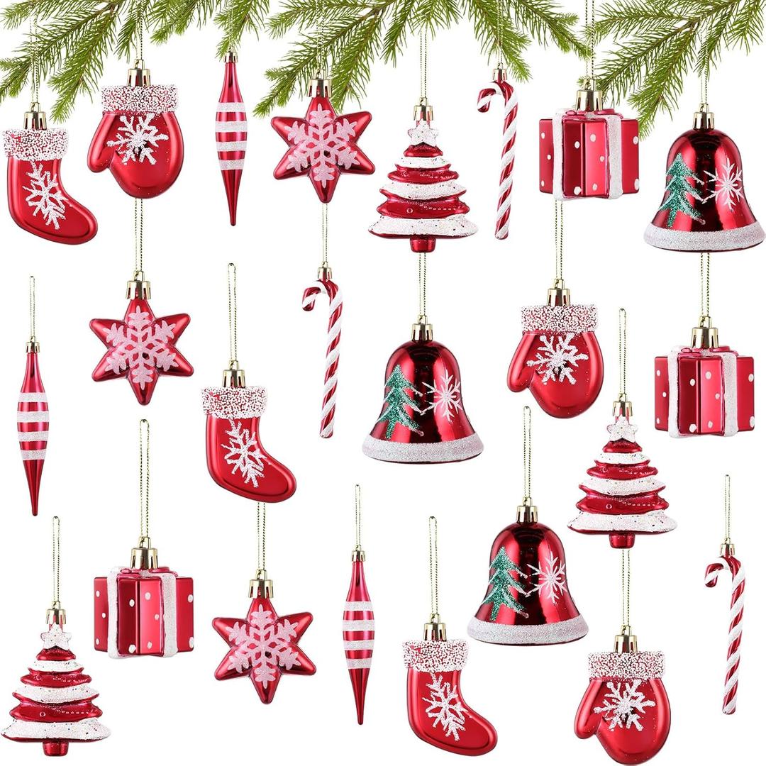 Leitee 24 Pcs Christmas Ornaments Set Christmas Tree Decorations Plastic Candy Cane Bell Hat Boots Gift Boxes Hanging Ornament Assortment Red Xmas Tree Ornament for Home Xmas Holiday Party Decor