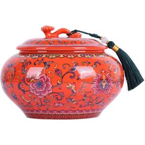 Decorative Ceramic Enamel Ginger Jar for Home Decor - Blue and White Porcelain Storage Jar, Chinoiserie Flower Vase, Multi-Purpose Decorative Container (Orange)