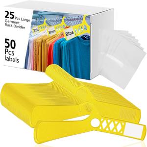 25 Pcs Large Closet Dividers and 50 Pcs White Blank Cards 18 Inch Clothing Rack Size Dividers for Hanging Clothes, Yellow Garment Rack Tag for Clothes Organization