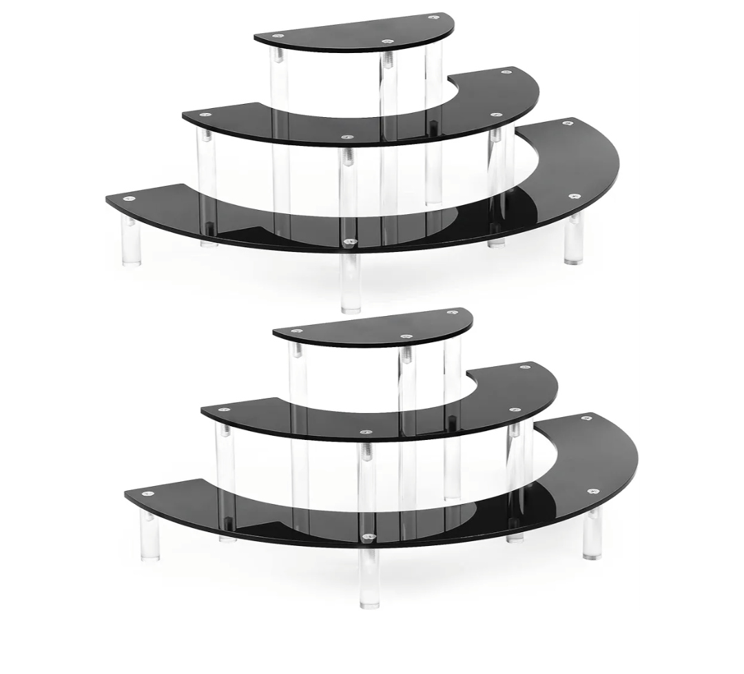 YestBuy Display Stand Shelf For Pop Figure, 3 Tier Black Acrylic Cupcake Stand, Perfume Organizer Stands, 2 Pack Half Moon Dessert Stand for Display Or Collections