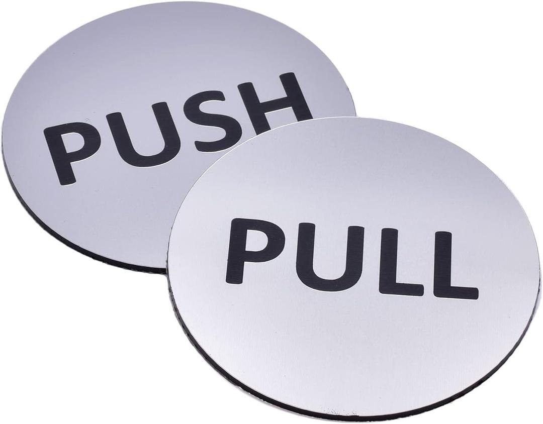 Pair of Push & Pull Adhesive Door Signs - in Gold, Silver or Copper Metallic. Generic Door Sign for business, restaurants, bars, hotels, schools, cafe (Silver) - Small Size, 2.75" diameter