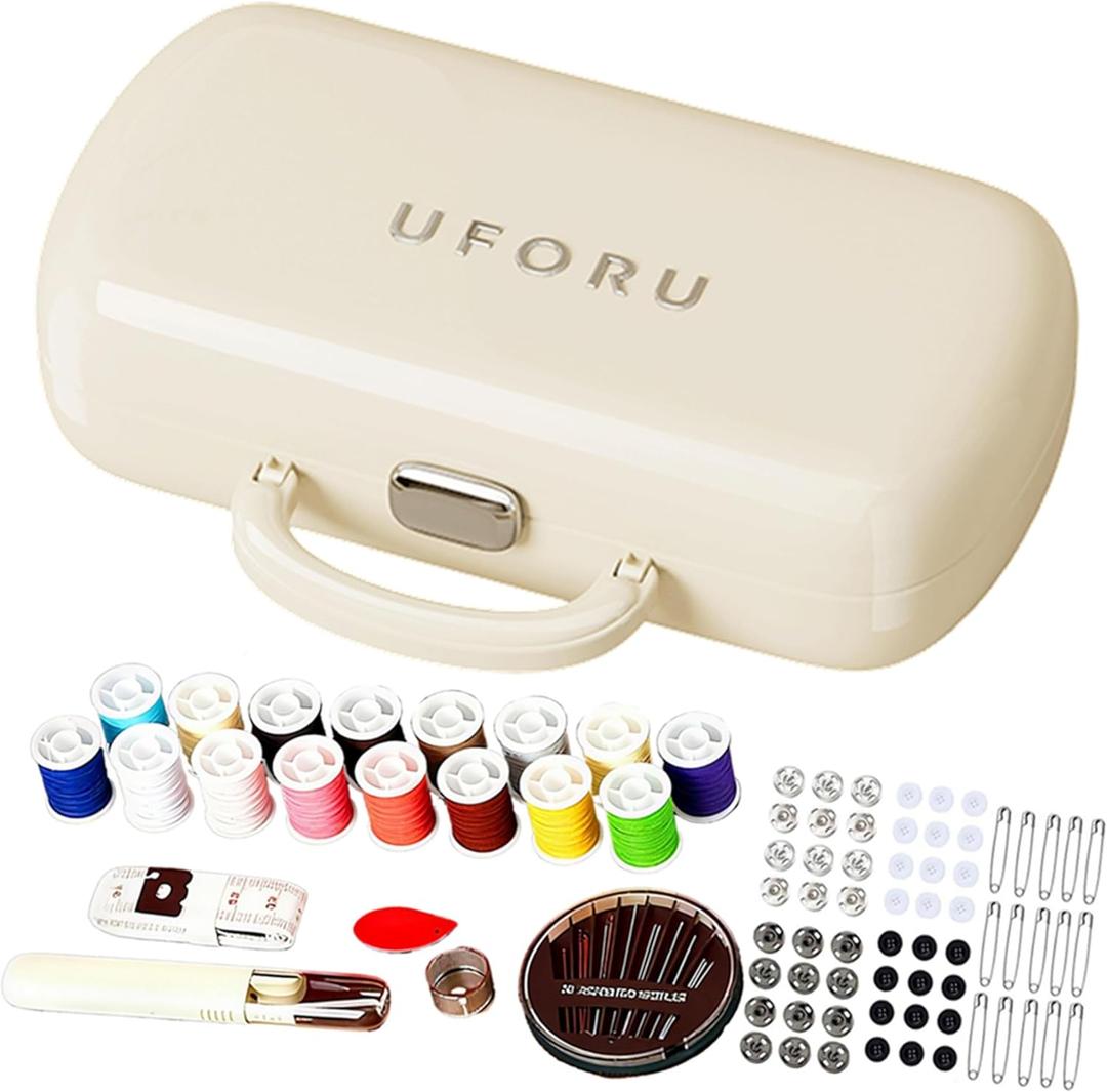 Creamy White Sewing Project Kit, Travel Family Sewing Supplies Repair Kit Portable Small Traveler Sewing Kit Sewing Thread Accessories DIY Sewing Supplies Organizer (White)
