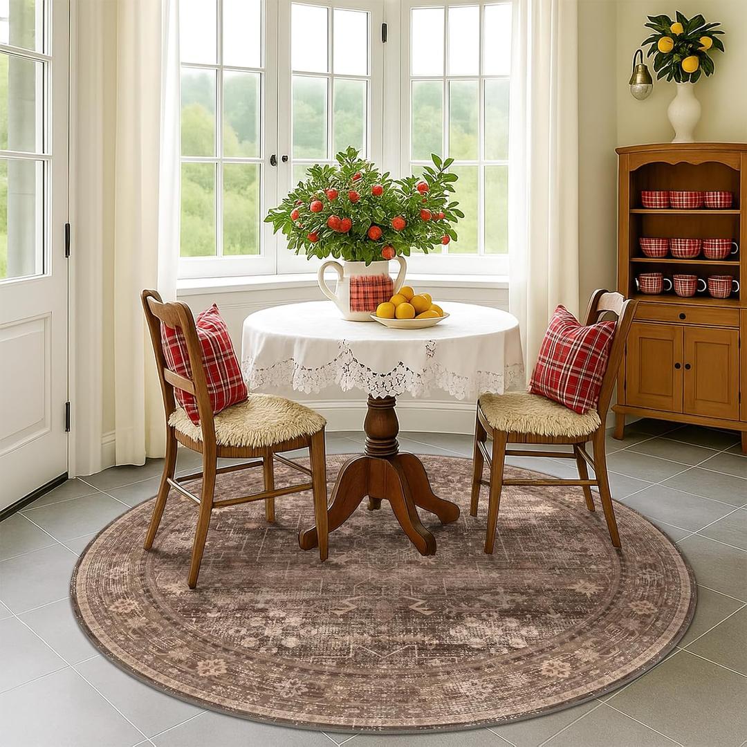 Washable 7ft Round Big Rugs for Living Room, Floral Circle Rug for Dining Room Under Table, Low Pile & Soft 7x7 Bedroom Carpet, Non Skid with Rubber Backing Stain Resistant (Taupe Brown)
