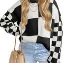 EVALESS Womens Sweaters Fall Fashion Cable Knit Checkered Oversized Sweater Tops (Small, Black)