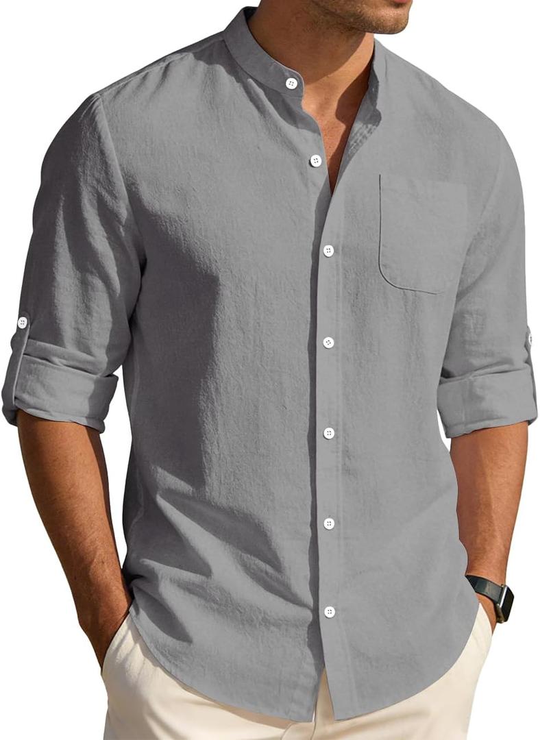 Men's Cotton Linen Shirts Long Sleeve Button Down Shirt Band Collar Beach Summer Casual Shirts Large