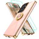 Gritup for Samsung Galaxy S21 Ultra Case: with 2Pcs Screen Protector, 360° Rotation Ring Holder Magnetic Kickstand Plating Gold Edge Soft TPU Shockproof Protective Cover for S21 Ultra, Pink