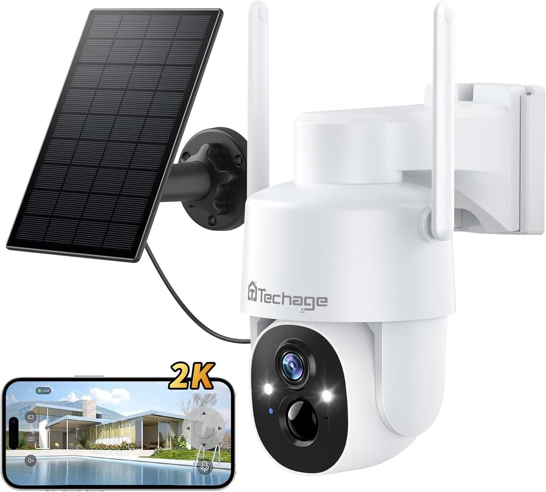 2K Solar Cameras Outdoor Wireless, Security Cameras Wireless Outdoor, Battery Powered cam with Spotlight, 2-Way Talk, PIR Motion Detection, Color Night Vision, 360 PTZ, Siren, Compatible with Alexa (White-CQ1S)