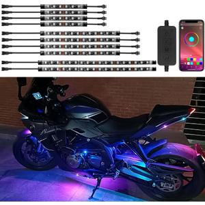 10Pcs Motorcycle LED Underglow Kit, RGB LED Strips Lights with APP Control, Compatible with Harley Davidson, Honda, Kawasaki, Suzuki