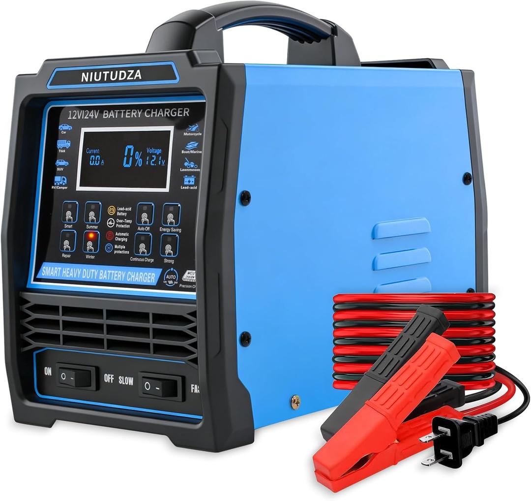 Heavy Duty Car Battery Charger, 12V/24V 0-15A Automatic Battery Maintainer, Smart Trickle Charger with Fast &Slow, Auto Shutoffs, Repair, Winter Mode, for Car Truck Motorcycle Lawn Mower Boat