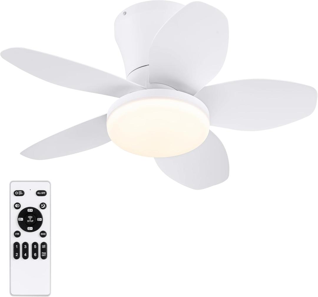 Small Ceiling Fans with Lights 25 Inch - Low Profile Ceiling Fans with Remote Control, Flush Mount, 5 Reversible Blades, 6 Speeds + Natural Wind Model, Timer, Night Light, for Bedroom Indoor