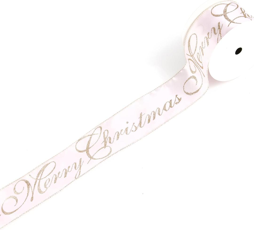 LIZLOVESS Pink and Gold Merry Christmas Wired Ribbon 2.5 Inch x 10 Yards Light Pink Satin Christmas Ribbon with Champagne Gold Lettering Baby Pink Decorative Ribbon for Tree, Holiday Decorations