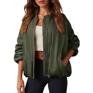 Tankaneo Womens Zip Up Bomber Jacket Oversized Fashion Casual Fully Lined Winter Coats With Pockets (Small, Army Green)