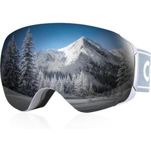 COOLOO Snow/Ski Goggles, Snowboard Goggles for Men Women Youth -OTG, Magnetic Lens Frameless Anti Fog 100% UV Protection (02. White Frame, Silver Revo Lens, Vlt 9.5%)