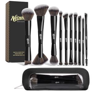 NEONIQ 10 PCS Travel Makeup Brush Set With Bag, Makeup Brushes, Double-End Multi-functional Brushes for Foundation Powder Blush Eyeliner Eyeshadows, Professional Face Brush Set (Black）