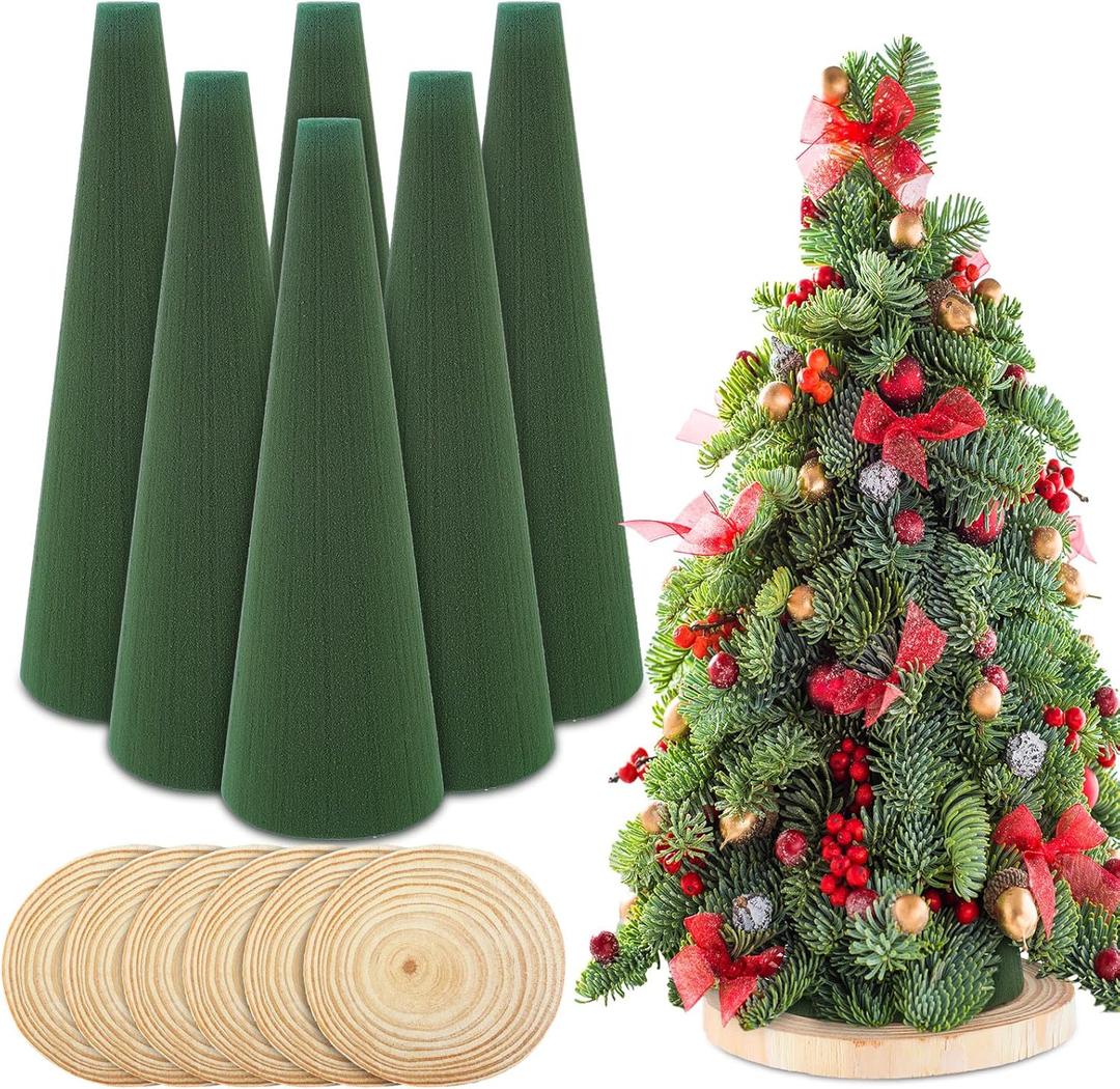 GlikCeil 6 Pcs Floral Foam Tree Cones for Christmas DIY Crafts Dry Wet Floral Foam Blocks 3.15 x 9.45 Inches Green Foam Cone for Xmas Party Wedding Birthday Flower Arrangement Florist Vase Plant Decor