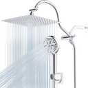 Hibbent 12'' All Metal Shower Head, High Pressure Rainfall Shower Head, Handheld Showerhead Combo, 12'' Adjustable Curved Shower Extension Arm, 10-Spray, 71'' Hose, Adhesive Showerhead Holder, Chrome