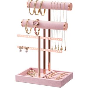 3 Tier Bracelet Holder Display - Detachable T Bar Pink Velvet Bracelet Holder, Jewelry Holder Organizer for Bracelet, Necklace, Earrings, Rings