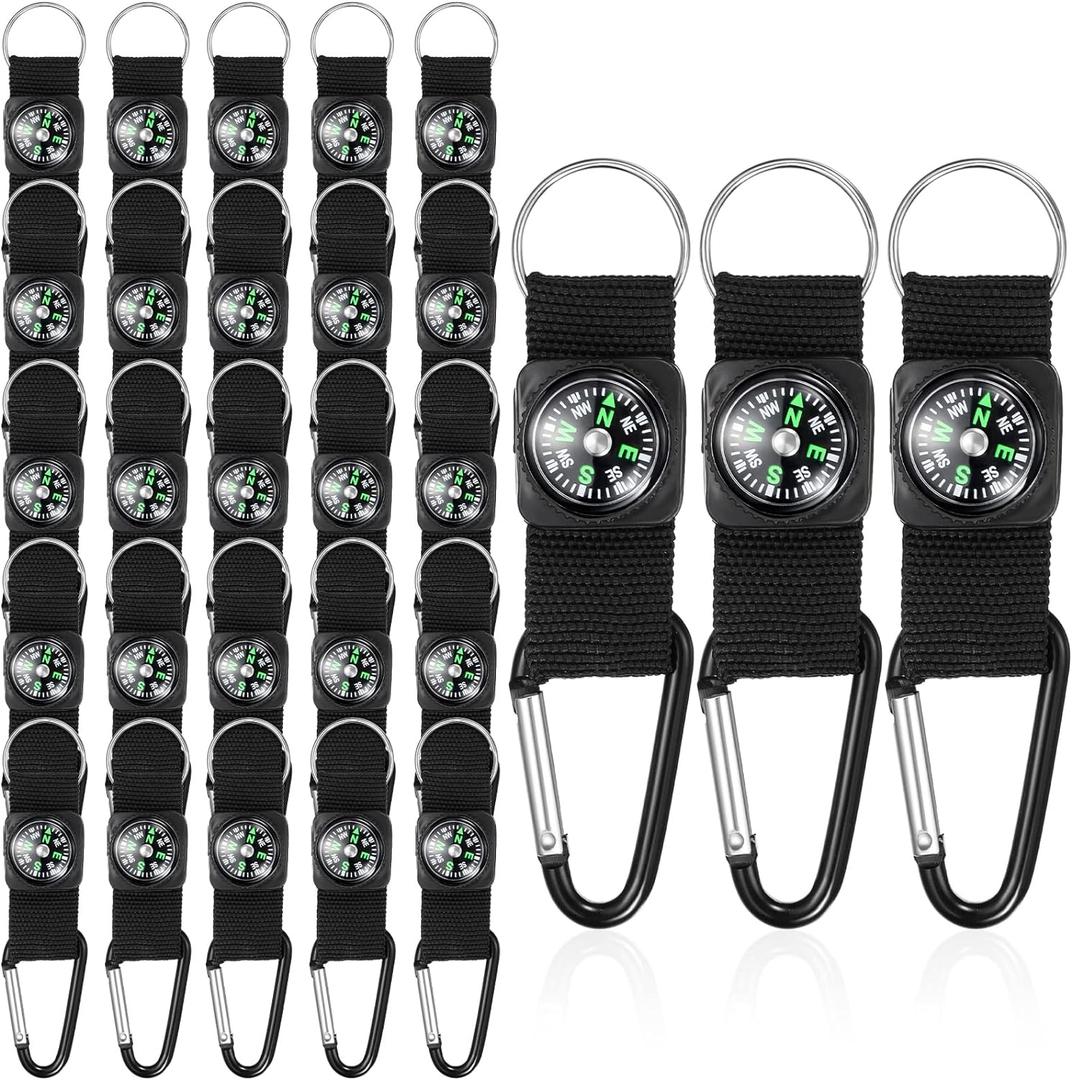 TOODOO 28 Pcs Belt Clip Compass for Kids, Black Prize Belt Compass Keychain for Camo Birthday Party Supplies Outdoors Adventure Party Favors