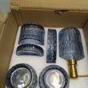 EMPO 6PCS Bathroom Clear Glass Accessories Set (Lotion Soap Dispenser, Soap Dish, Toothbrush Holder, Tumbler, Cotton Swab Jar), Contemporary Modern Decor Crystal Vintage Gift (6pcs Blue)