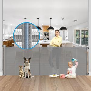 Reinforced 42" Extra Tall X 120" Extra Wide Retractable Dog Gate for Doorways Wide Pet Gate Indoor Prevent Kid/Pet Jumping Over Tall Retractable Baby Gates for Dogs Outdoor Dog Gates for Doorways, Gray, 42" Tall x 120" Wide（ With Reinforced Bar ）