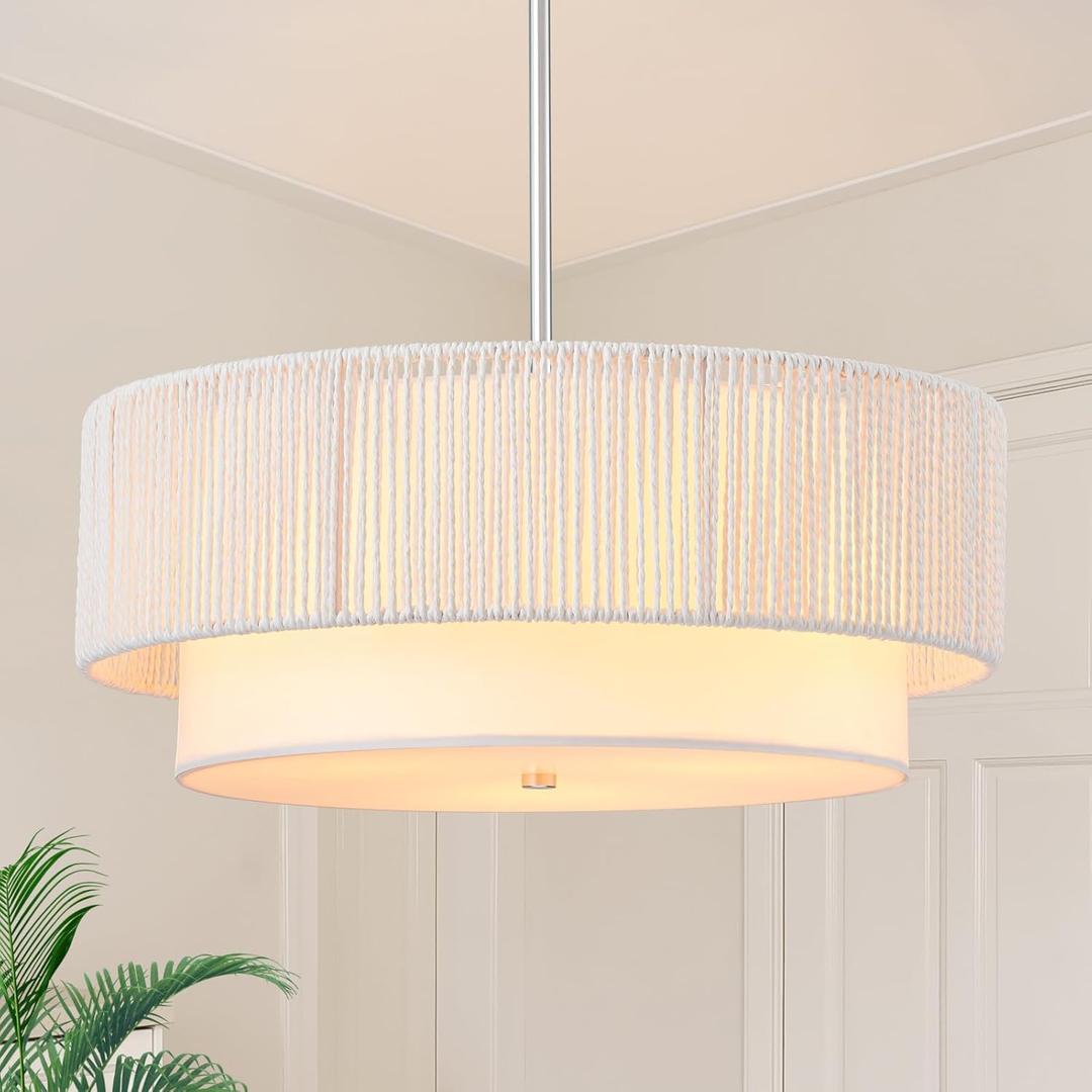 18'' Farmhouse Rattan Chandeliers for Dining Room,3-Light Boho Light Fixtures Rattan Pendant Light Fixture with Fabric Shade Drum Chandeliers for Bedroom Dining Room Foyer Kitchen HallwayWhite