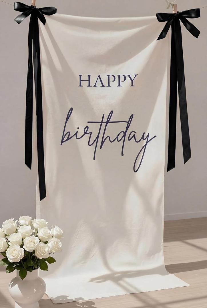 Tingjoo 27 78 Inch Happy Birthday Fabric Banner Long Birthday Party Decorations Backdrop Coquette Rustic Photo Props Sign with Bow Hanging String for Party Indoor Outdoor Yard Wall Decor(Black)