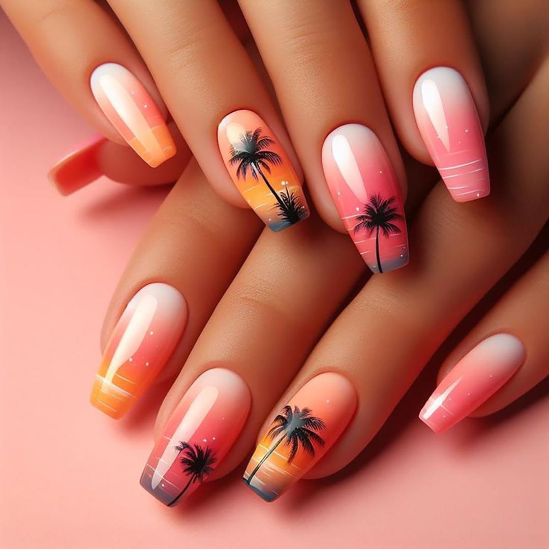 4 x 24Pcs Coconut Tree Press-on Nails Medium Square Coffin ABS Acrylic False Nails Pink Orange Gradient French Tip Summer Beach Sunset Full Cover Glue-on Nails Stick-on Nails for Women