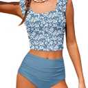 Girls Tankini Swimsuit 2 Piece Bathing Suit Twist Cross Back Cutout Swim Tank Top Floral Print Swimwear for 7-18Y