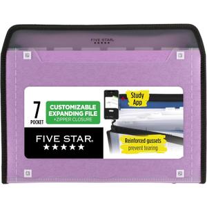 Five Star Expanding File Organizer + Study App, 7-Pocket Accordian File Organizer, Zipper Closure, Holds 8-1/2" x 11" Paper, Amethyst Purple (350099G-ECM)