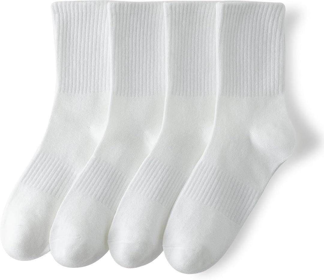 YUWELL Womens Striped Crew Socks, Cotton Cozy Casual Socks for Women 4 Pairs, Size 5-10, Pure White