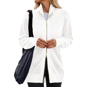 Women's Turtleneck Zip Up Cardigan Sweaters Oversized Drop Shoulder Long Sleeve Casual Solid Mesh Knit Jumper Tops (White, M)