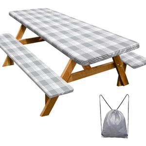 Picnic Table Cover with Bench Covers Camping Essentials Waterproof Windproof Camping Tablecloth with Drawstring Bag, Fitted Rectangle Tables and Seats, 96in, Grey Checkered