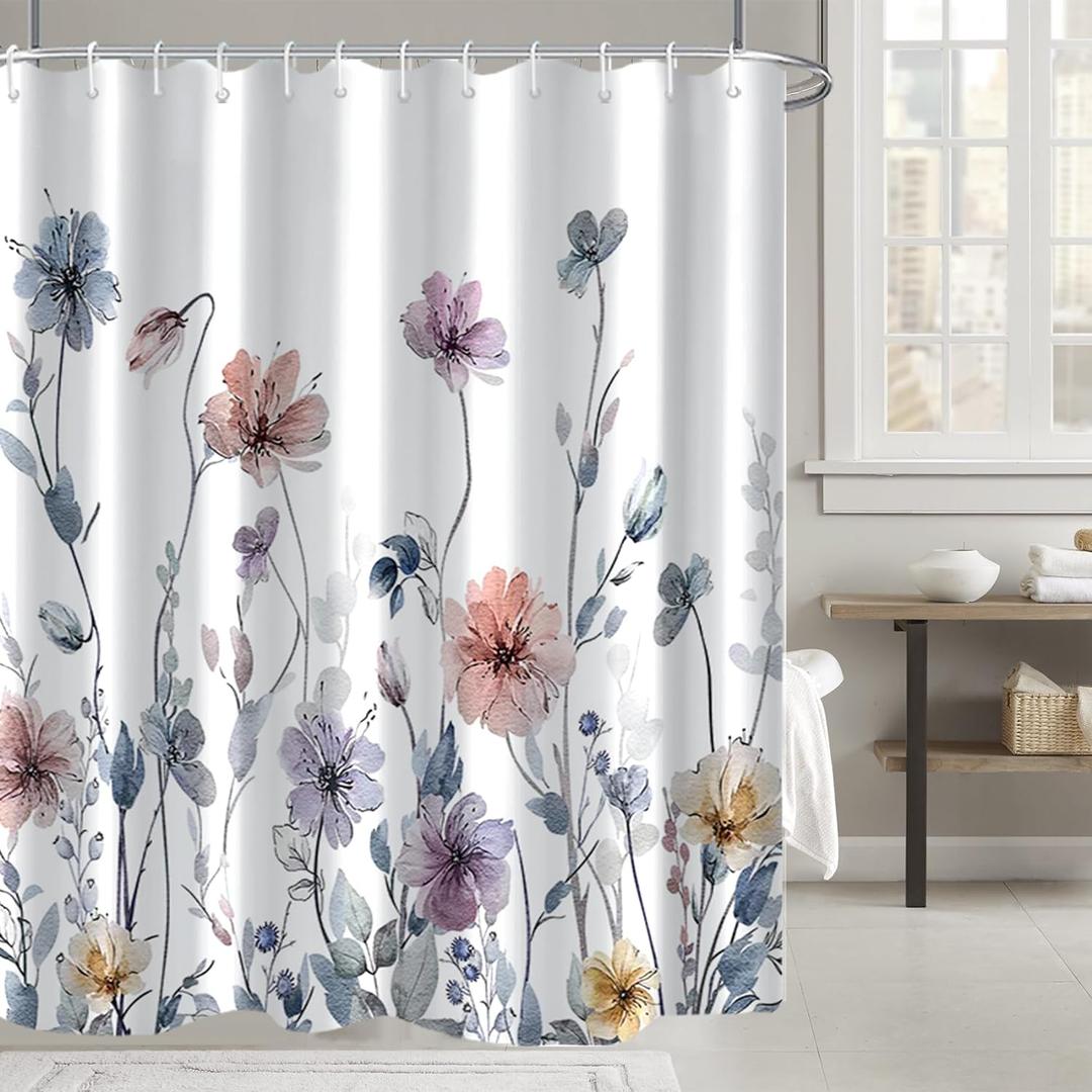 AWERT Watercolor Floral Shower Curtain with Hooks Pastel Wildflower Shower Curtain for Bathroom Waterproof Flower Printing Fabric Bathroom 72x72inch